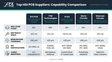 Five top HDI PCB suppliers comparison chart with key capabilities and certifications