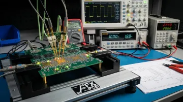 Functional circuit test fixture with metal probes connected to PCB test points