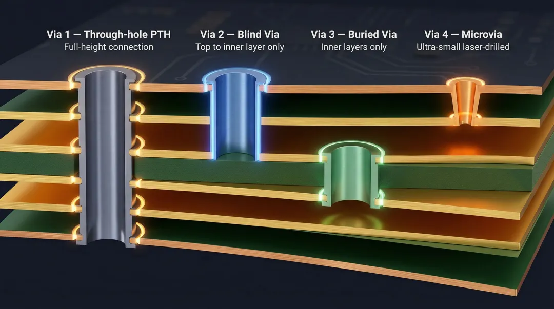 Four PCB via types through-hole blind buried and microvia cross-section diagram