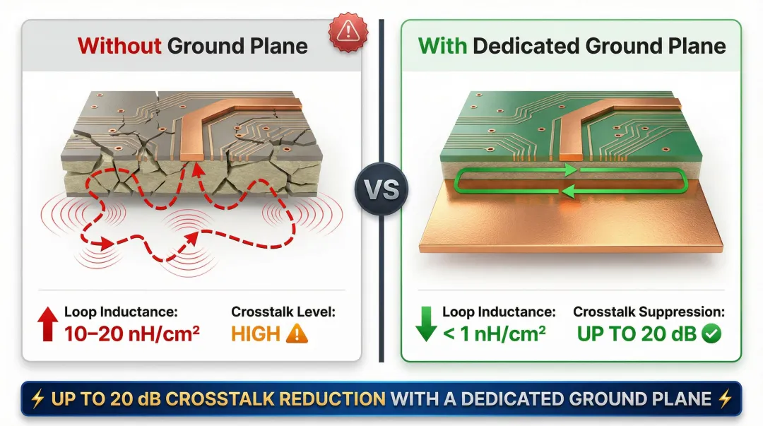 Ground plane EMI performance comparison loop inductance and crosstalk reduction metrics