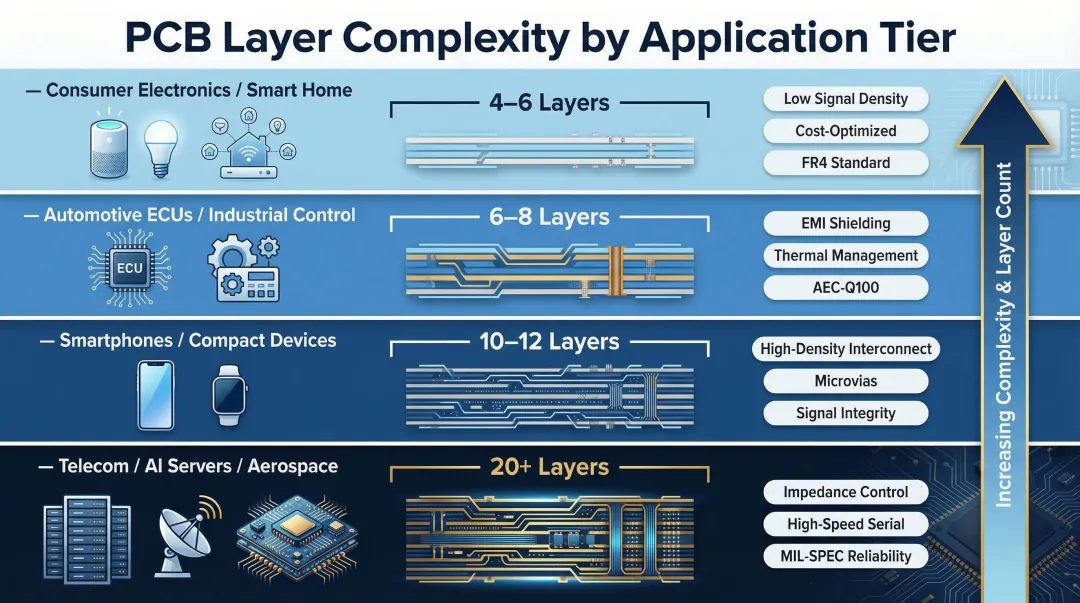 Multilayer PCB layer count by application category from consumer to aerospace