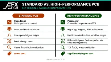 Standard PCB versus high-performance PCB parameter comparison infographic