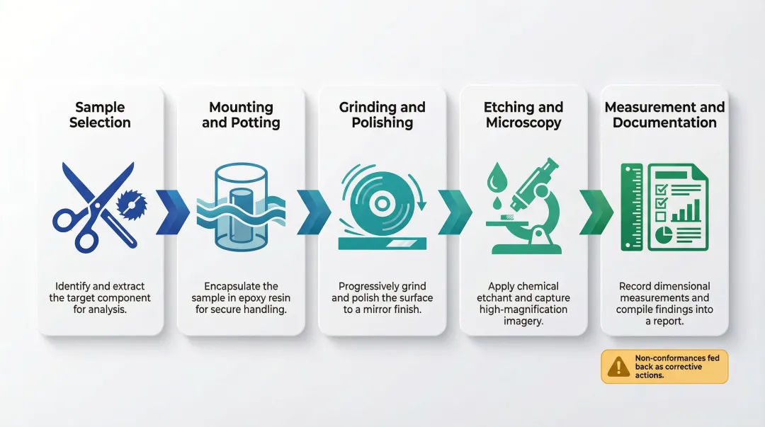 5-step multilayer PCB cross-section analysis process from sample selection to corrective action