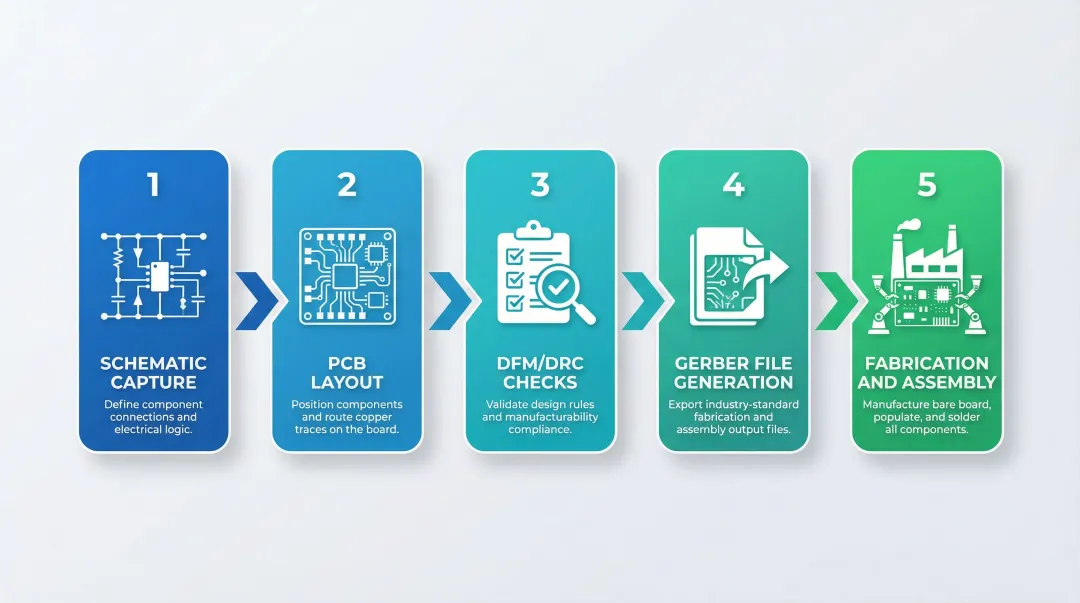 5-step PCB design workflow from schematic capture to fabrication and assembly