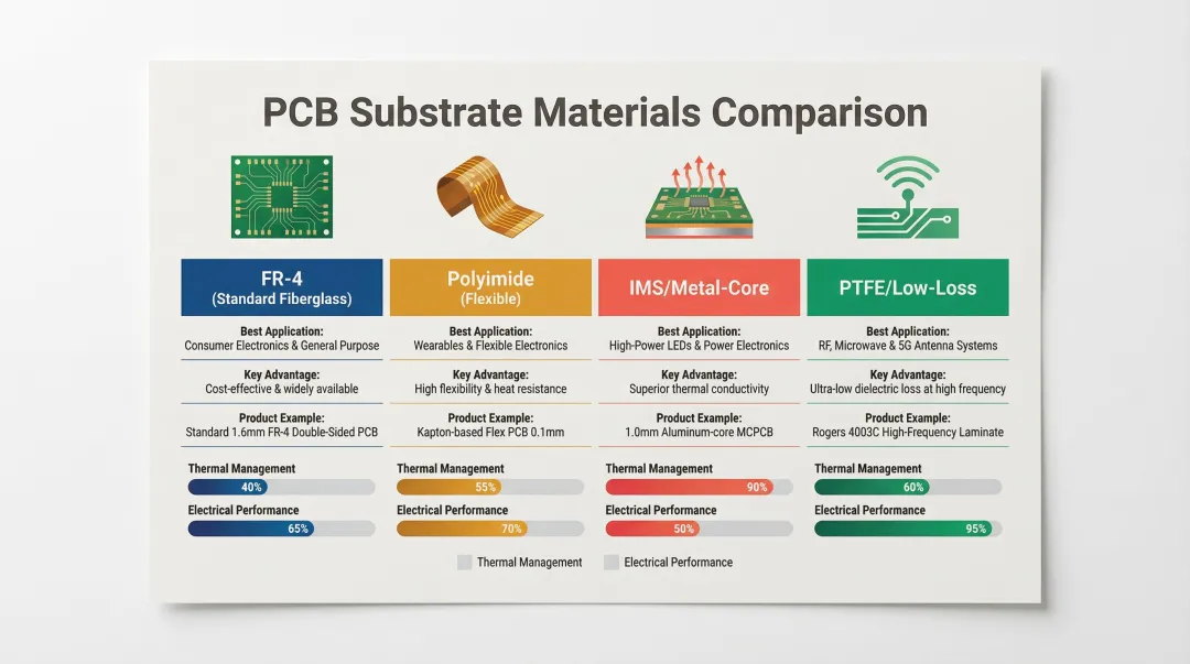 PCB substrate materials comparison FR-4 polyimide metal core and PTFE properties