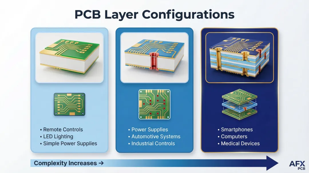 Three PCB layer types comparison single-sided double-sided and multilayer boards