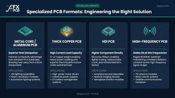 Four specialized industrial PCB formats comparison chart with applications and key advantages