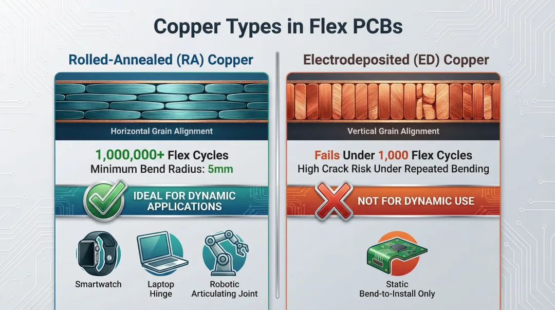 Rolled-annealed versus electrodeposited copper flex PCB fatigue life comparison chart