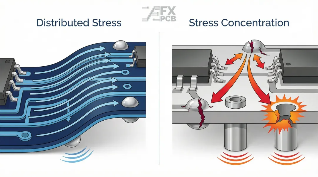 Flexible PCB circuit bending under vibration stress versus rigid PCB cracking at solder joints