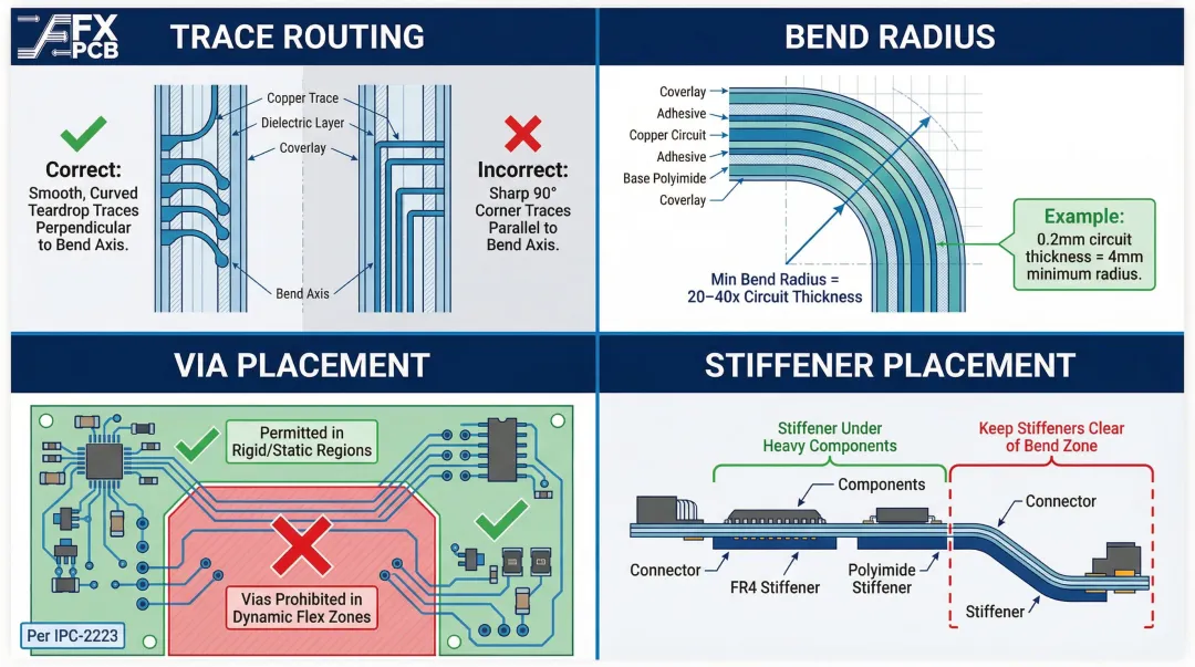 Flex PCB design rules infographic covering trace routing bend radius via placement stiffeners