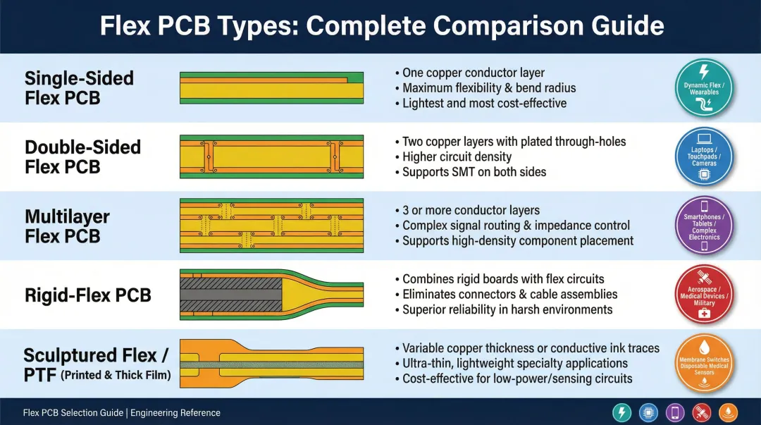 Five types of flexible PCB circuits comparison from single-sided to sculptured flex