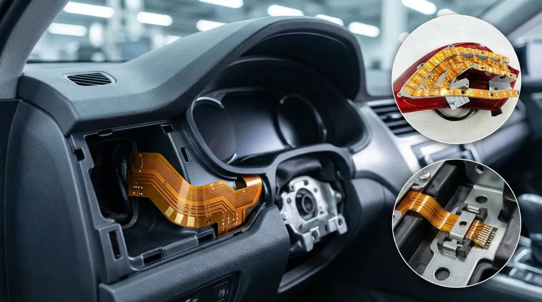 Automotive flexible PCB circuit replacing wire harness in vehicle instrument cluster assembly