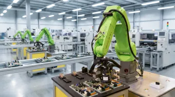 Industrial robot arm installed on electronics manufacturing assembly line in modern factory