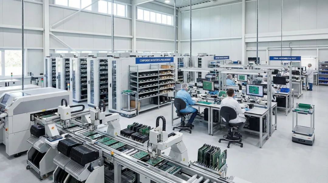 Turnkey PCB assembly facility showing SMT line component sourcing and quality testing