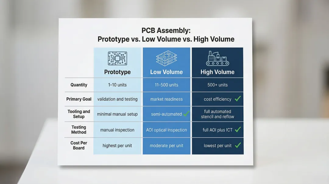 Prototype versus low volume versus high volume PCB assembly comparison table infographic