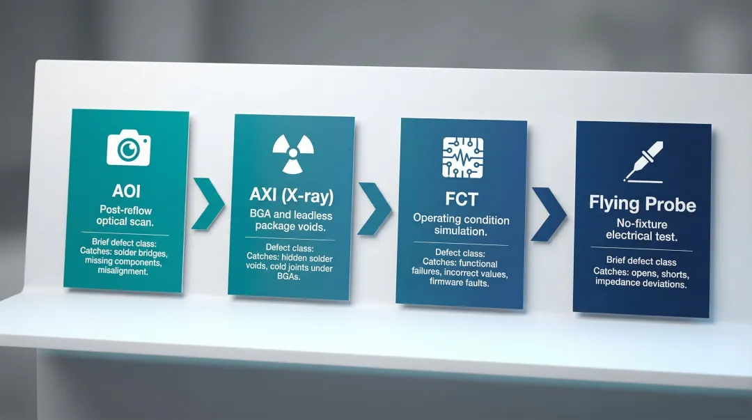 Four-stage layered PCB inspection strategy AOI X-ray ICT and functional testing flow