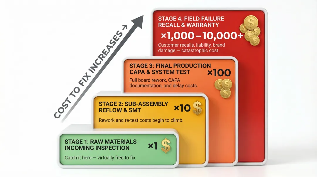 1-10-100 rule defect cost escalation stages from raw materials to field recall