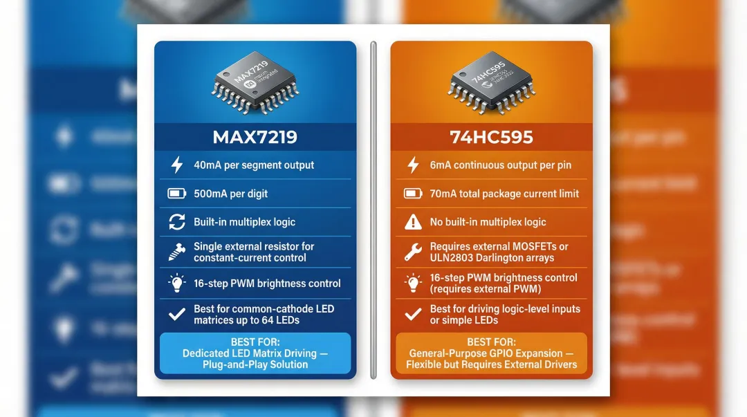 MAX7219 versus 74HC595 LED driver IC comparison with current ratings and use cases