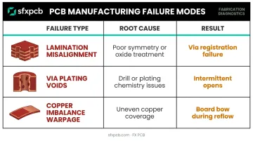 Three common 12-layer PCB manufacturing failure types causes and effects infographic