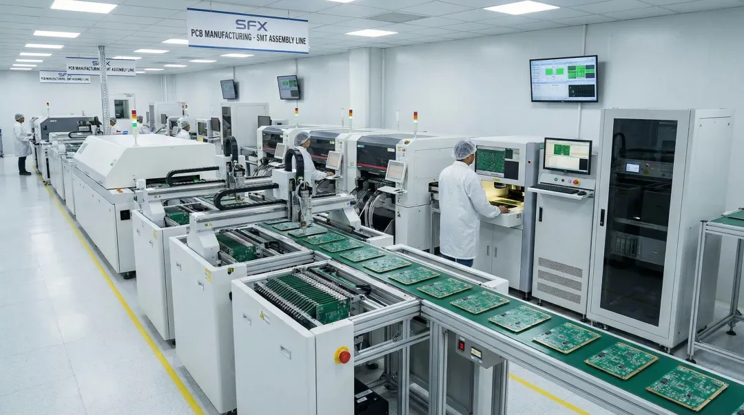 SFX PCB assembly facility showing SMT production line and quality inspection equipment