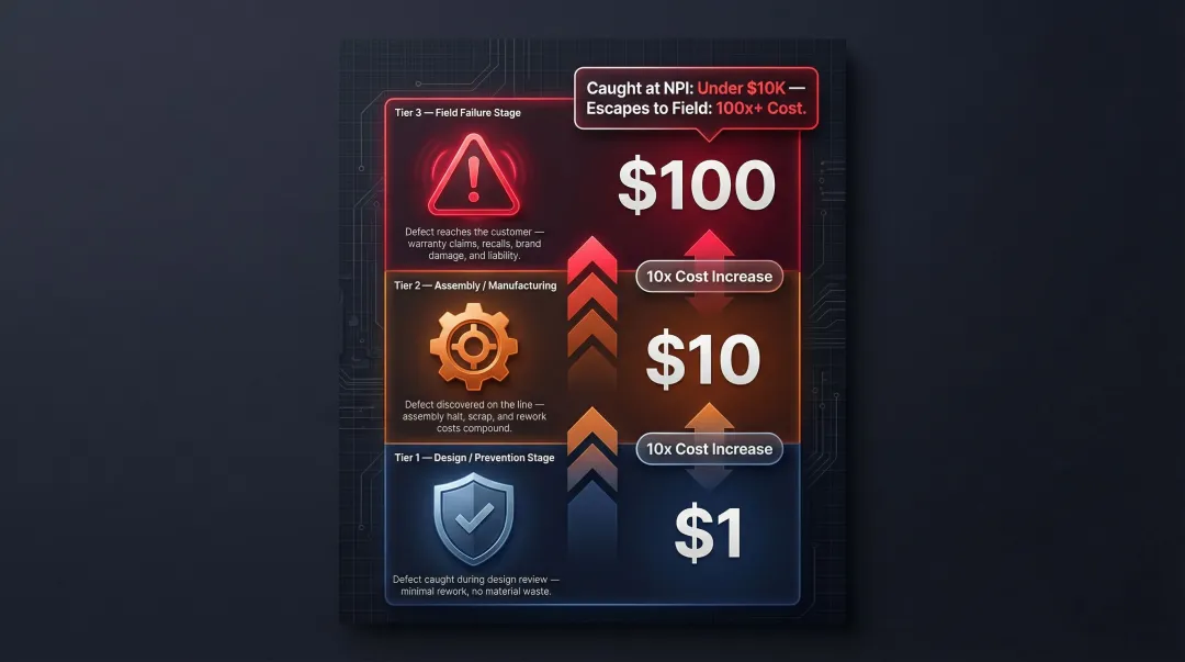 1-10-100 defect cost rule showing prevention assembly and field failure expense