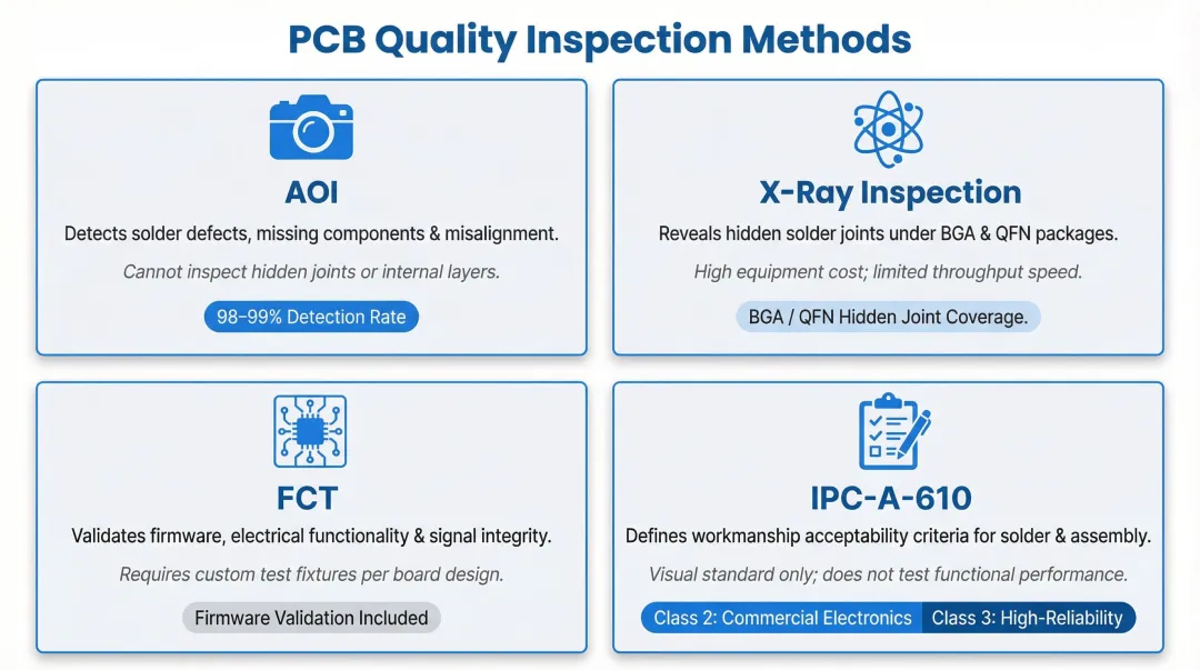 Four-stage PCB inspection methods comparison AOI X-ray FCT and IPC-A-610