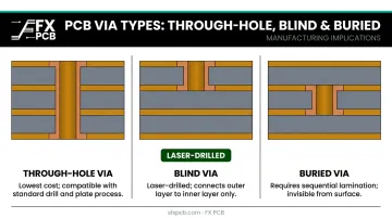Three PCB via types comparison through-hole blind and buried vias cross-section