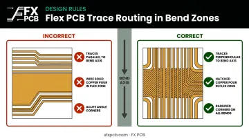 Flex PCB trace routing design rules correct versus incorrect bend zone orientation
