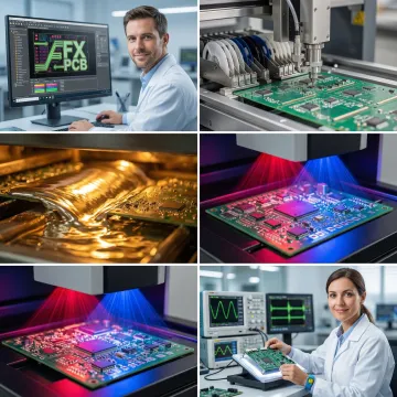 Step-by-step PCB assembly process showing SMT placement, soldering, AOI inspection, and final testing in a factory