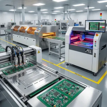 Step-by-step SMT PCB assembly process showing solder paste printing, component placement, and reflow soldering