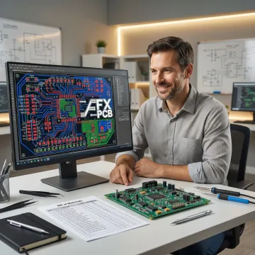 Engineer reviewing PCB design files on a computer screen next to an assembled circuit board