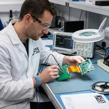 Rigid-flex PCB prototype inspection at electronics workstation