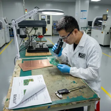 Technician reviewing PCB fabrication files and copper clad panels