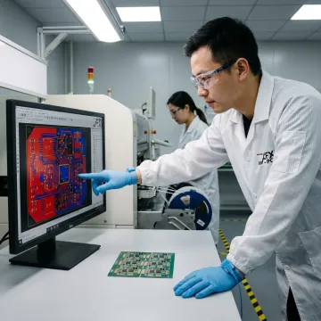 Engineer reviewing PCB assembly process and inspection equipment