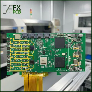 Close-up of a precisely assembled PCB with SMT components ready for functional testing