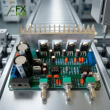 Close-up of a fully assembled PCB with surface mount components soldered in place on a production line