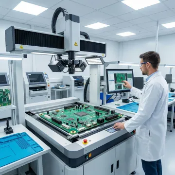 Engineer inspecting assembled PCB under AOI machine during SMT manufacturing quality control