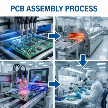 PCB assembly process steps showing SMT placement, soldering, and quality inspection