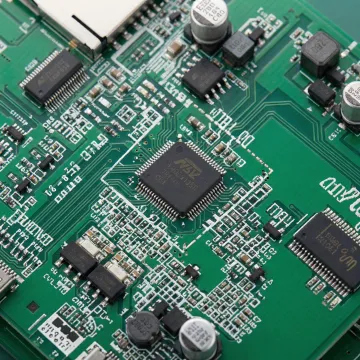 Close-up of a fully assembled printed circuit board with SMT components soldered in place