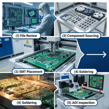 Step-by-step PCB assembly process from design files to finished tested boards in a Shenzhen factory