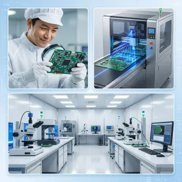 PCB assembly process steps showing SMT placement, soldering, AOI inspection, and functional testing
