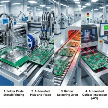 SMT assembly process showing solder paste printing and component placement on a PCB