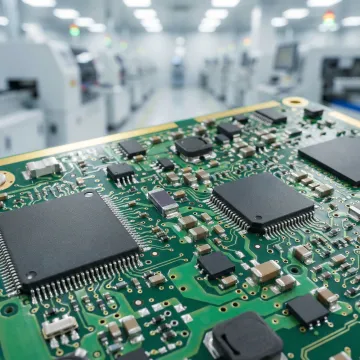 Close-up of a high-quality assembled PCB with SMT components on a production line