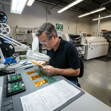 Technician inspecting rigid-flex PCB prototypes during production
