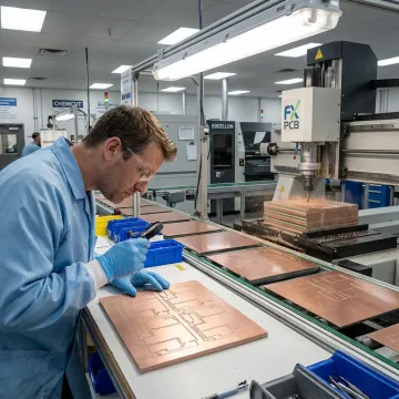 Copper clad PCB panels being inspected in a fabrication facility