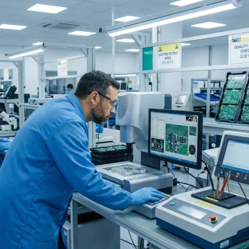 Engineer inspecting assembled PCBAs