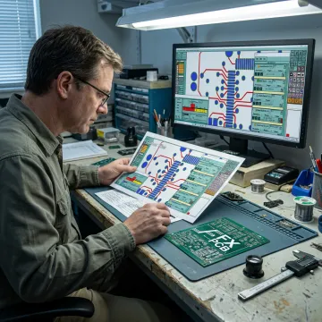 Engineer reviewing PCB design files for DFM verification
