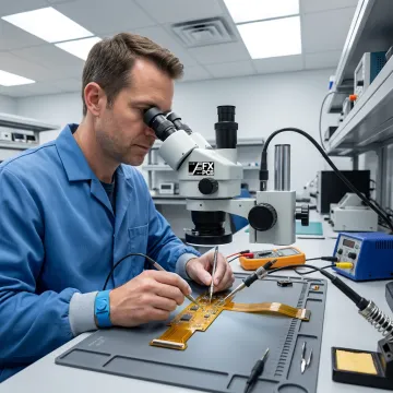 Technician inspecting flexible circuit board quality