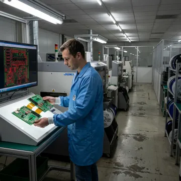 Engineer reviewing flexible PCB designs beside SMT production equipment