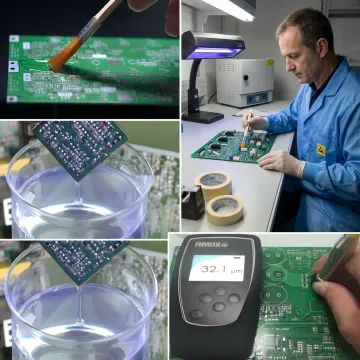 Technician preparing PCB assemblies for coating